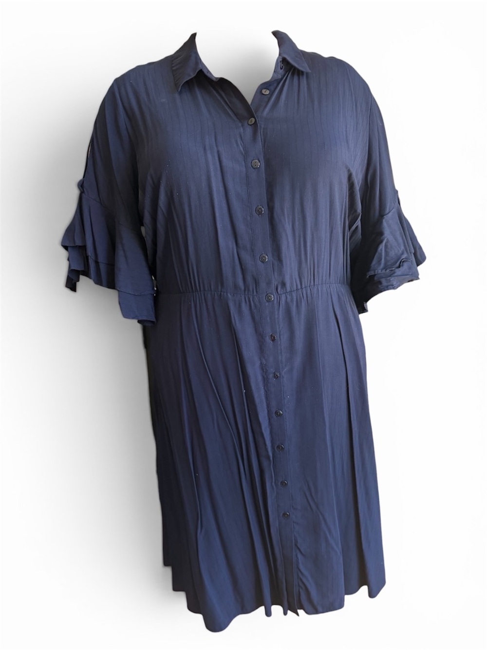 Navy Button-Front Shirt Dress with Ruffle Sleeves